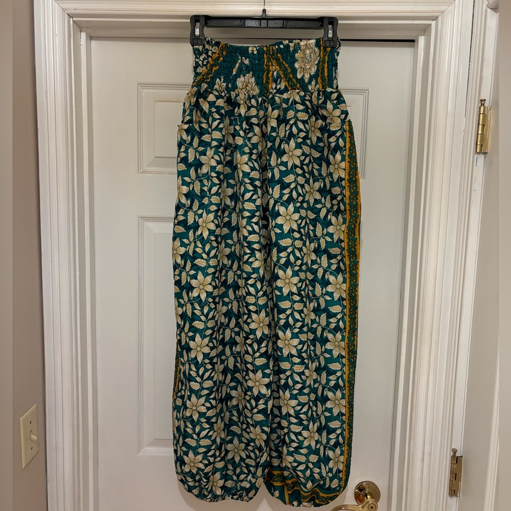 Silk EARTHBOUND Teal Floral Palazzo Pants with Cream & Mustard Accents